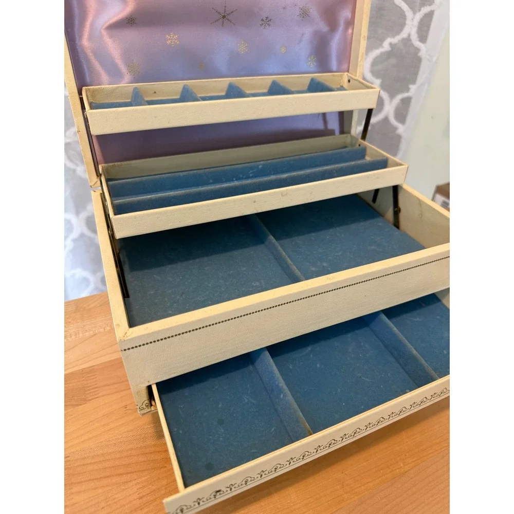 Vintage Cream Faux Leather Multi Tier Jewelry Box Blue Velvet Lilac Satin Lining